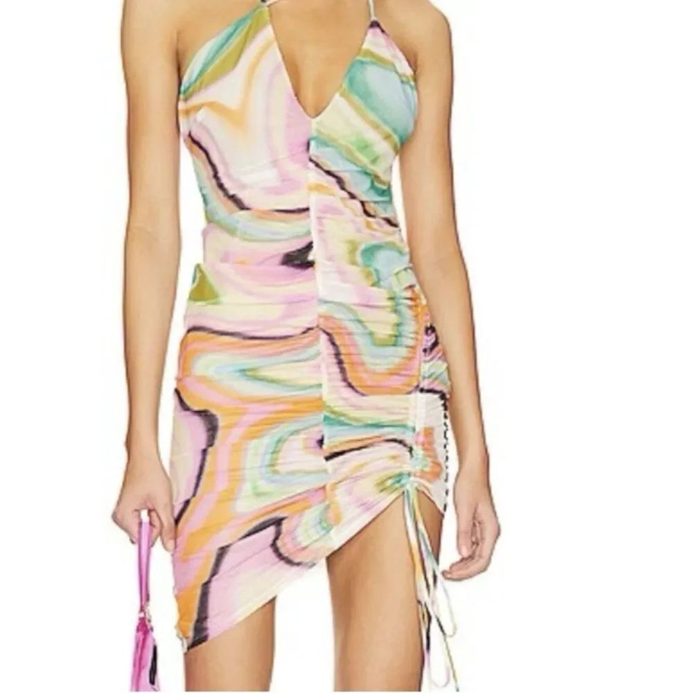 H:ours Revolve Solarized Wave Sucre V Neck Tank Mini Ruched Dress Xs